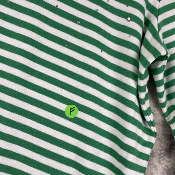 Quacker Factory Top Womens Size Large Green Striped Rhinestone Cross Lace Sleeve - Picture 3 of 14